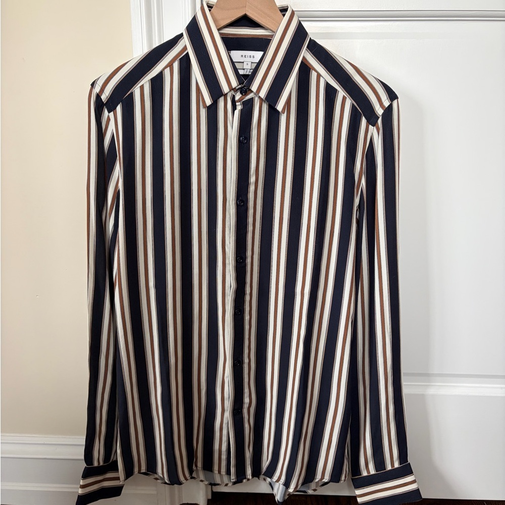Reiss Men’s ‘Keenium’ Navy White Gold Striped Slim Fit Viscose Shirt